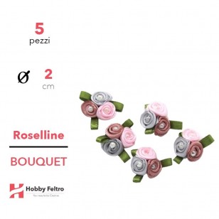 Bouquet Roselline colorate in Raso Grigio Rosa 2cm KIT 5 Pezzi COD.04